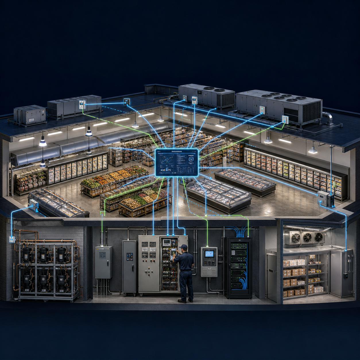 Whole-store EMS architecture connecting refrigeration HVAC lighting metering controllers networks and cloud software