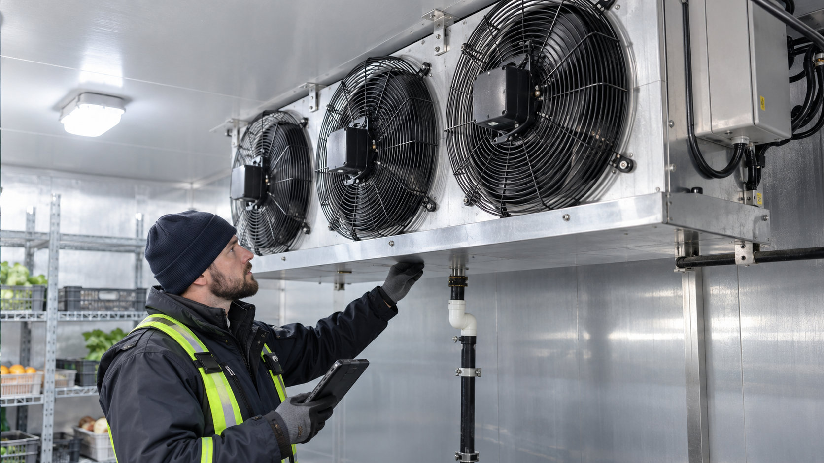 Technician inspecting a modern walk-in cooler evaporator