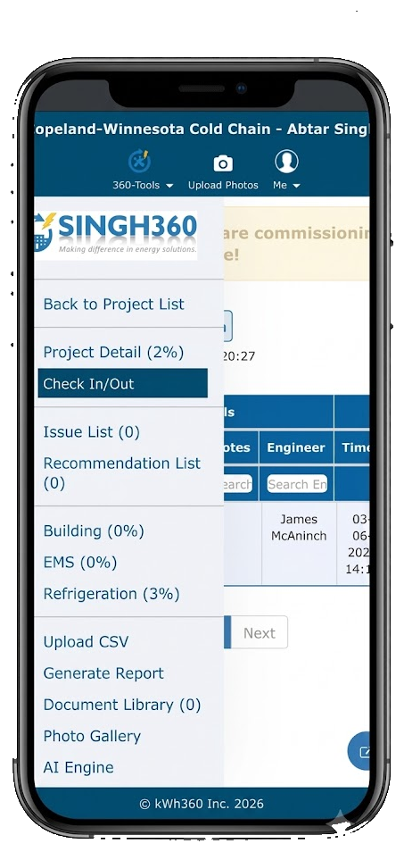 Commissioning App mobile navigation and issue sections